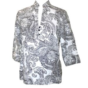 Tweeds Linen Tunic White Black Paisley Popover 3/4 Sleeve